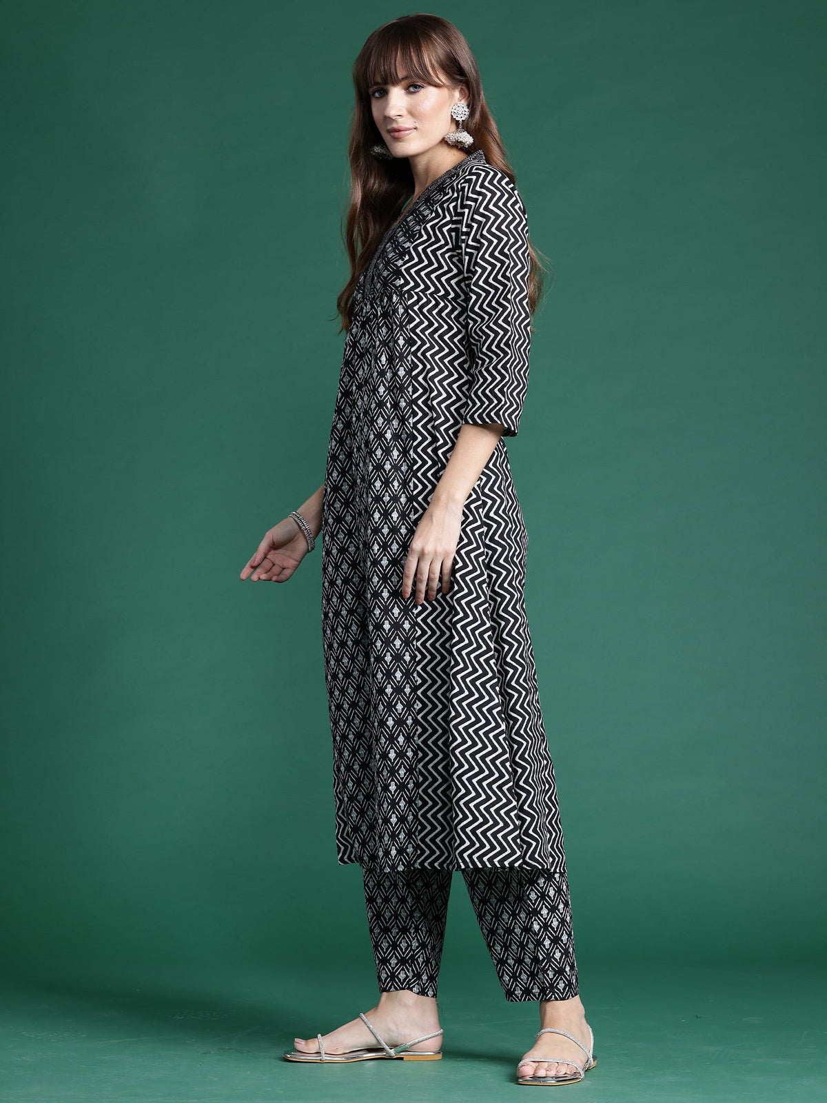 Indo Era Black Printed A-Line Kurta Trousers set | Grocsy
