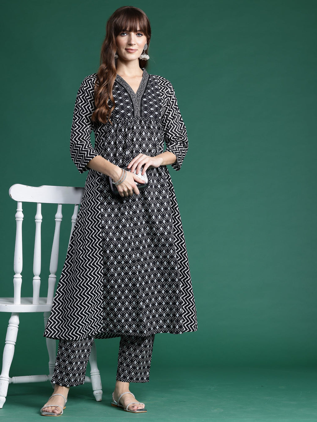 Indo Era Black Printed A-Line Kurta Trousers set | Grocsy