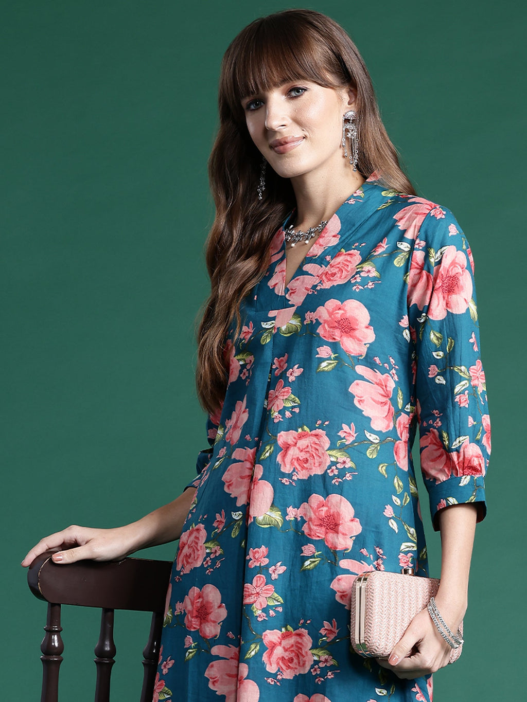 Indo Era Teal Printed A-Line Kurta Trousers set | Grocsy