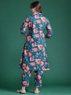 Indo Era Teal Printed A-Line Kurta Trousers set | Grocsy