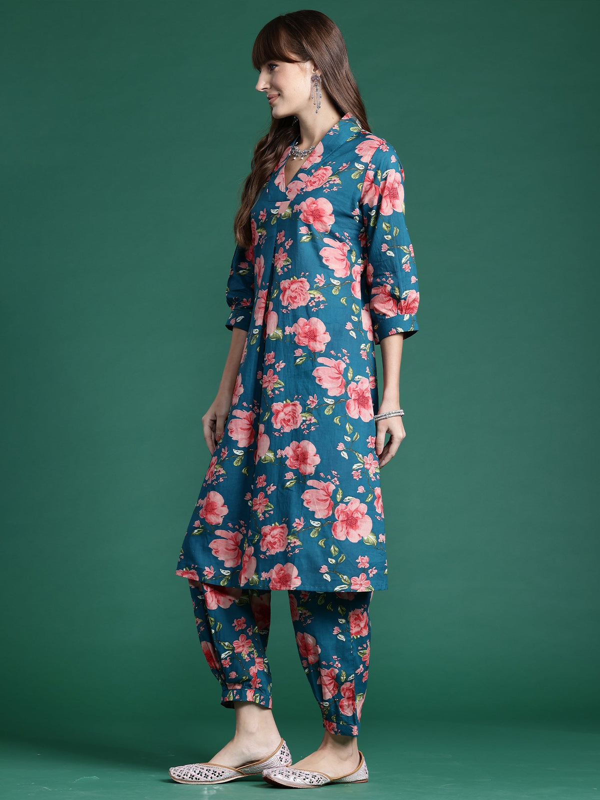 Indo Era Teal Printed A-Line Kurta Trousers set | Grocsy