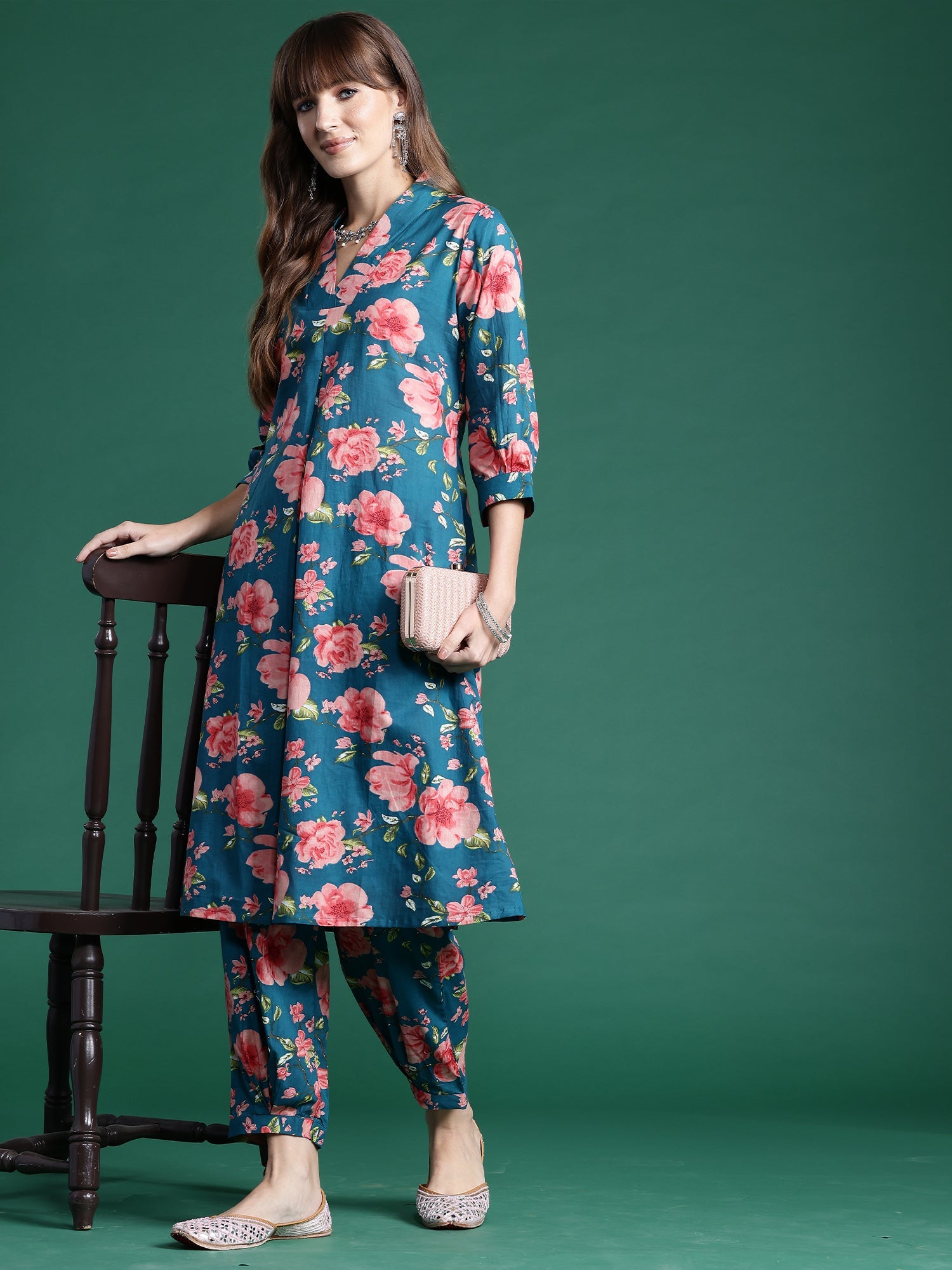 Indo Era Teal Printed A-Line Kurta Trousers set | Grocsy
