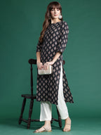 Indo Era Black Printed Straight Kurta | Grocsy