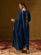 Indo Era Blue Embroidered Straight Kurta Trousers With Dupatta set | Grocsy