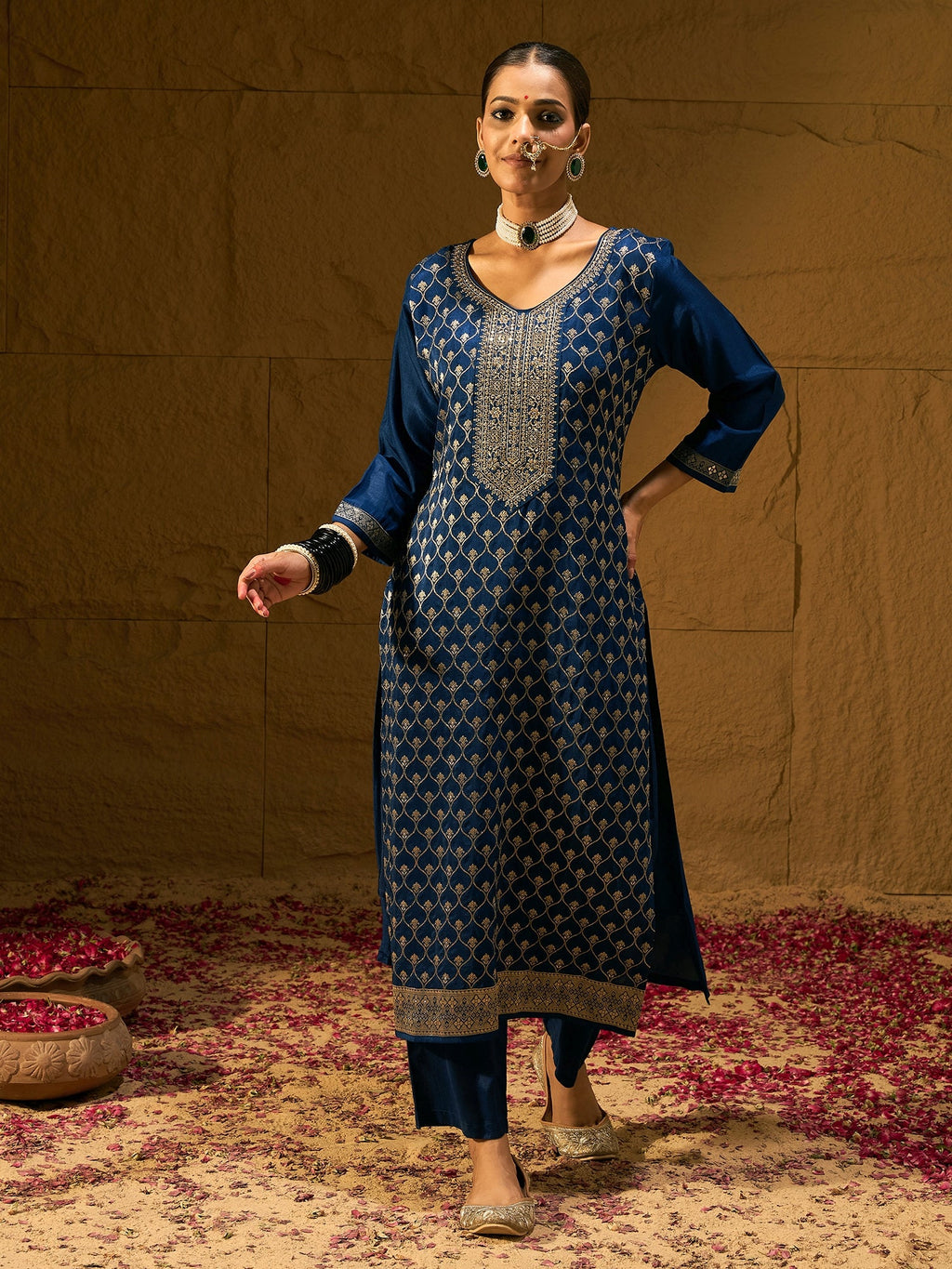 Indo Era Blue Embroidered Straight Kurta Trousers With Dupatta set | Grocsy