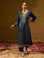 Indo Era Blue Embroidered Straight Kurta Trousers With Dupatta set | Grocsy