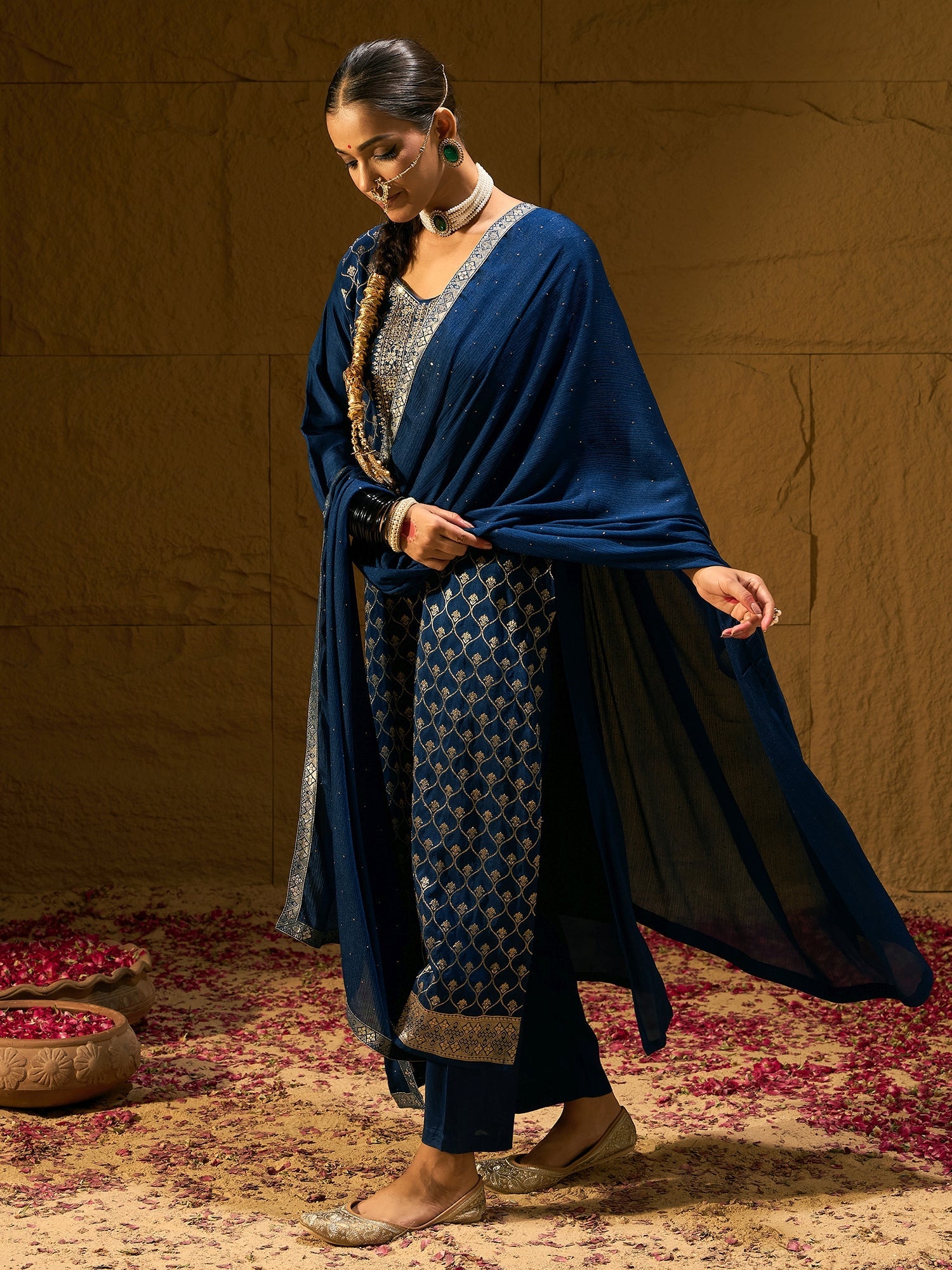 Indo Era Blue Embroidered Straight Kurta Trousers With Dupatta set | Grocsy