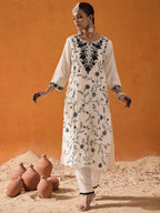 Indo Era White Straight Embroidered Kurta Trousers With Dupatta Set | Grocsy