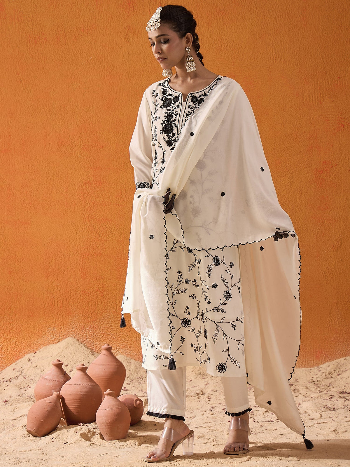 Indo Era White Straight Embroidered Kurta Trousers With Dupatta Set | Grocsy