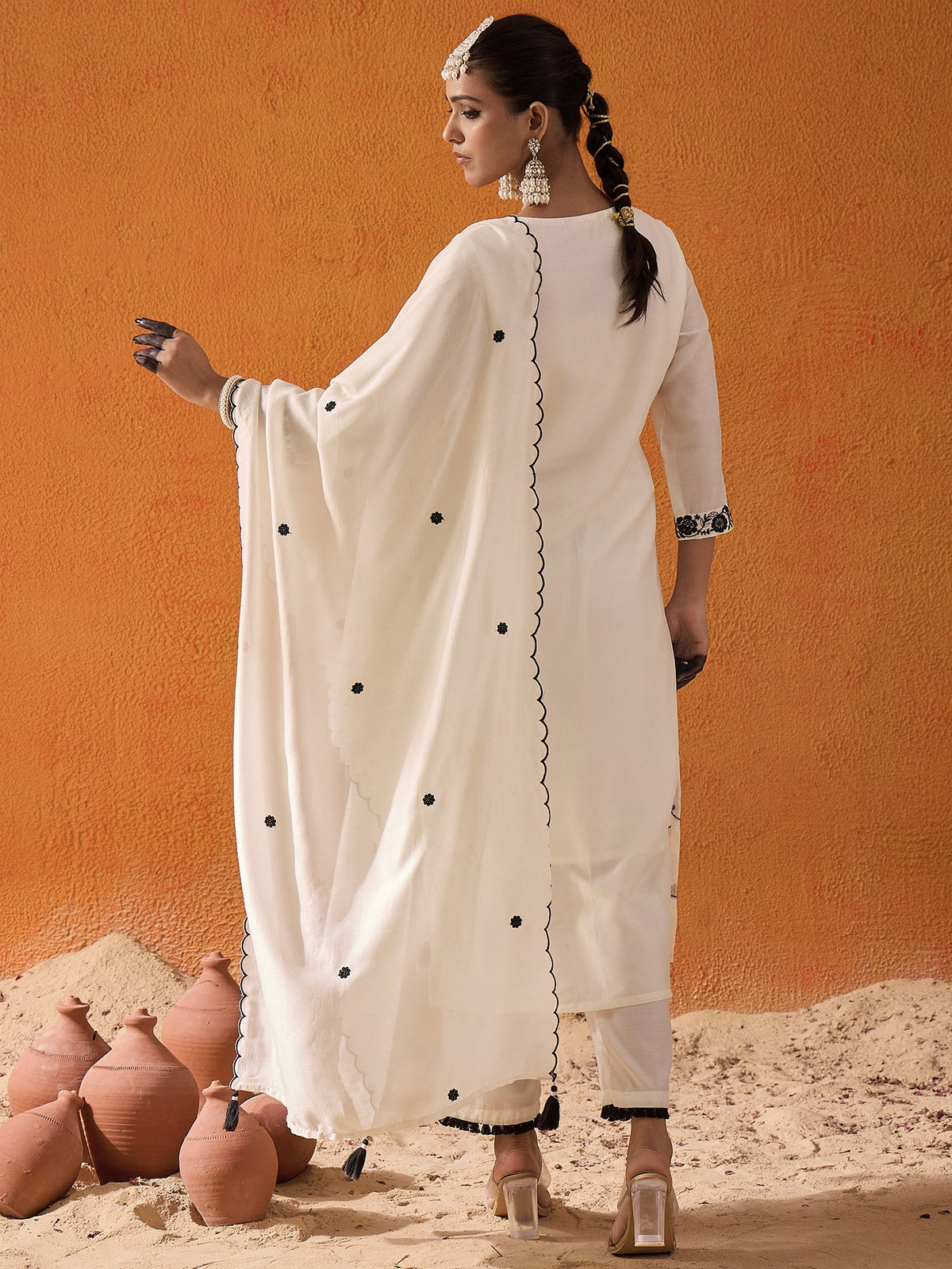 Indo Era White Straight Embroidered Kurta Trousers With Dupatta Set | Grocsy