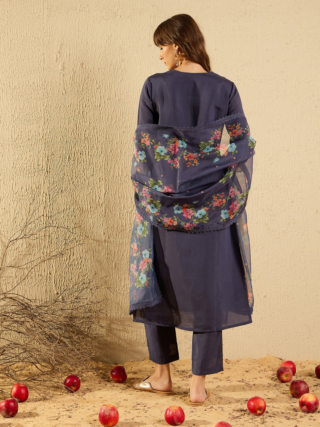 Indo Era Grey Embroidered Straight Kurta Trousers With Dupatta set | Grocsy