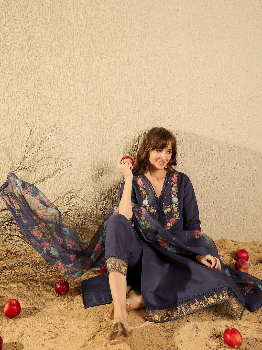 Indo Era Grey Embroidered Straight Kurta Trousers With Dupatta set | Grocsy