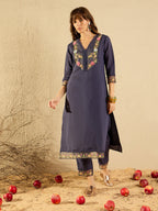 Indo Era Grey Embroidered Straight Kurta Trousers With Dupatta set | Grocsy