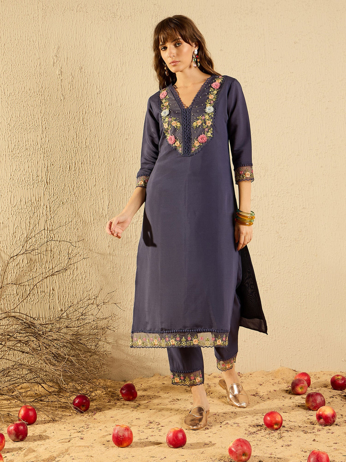 Indo Era Grey Embroidered Straight Kurta Trousers With Dupatta set | Grocsy