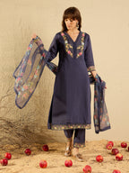 Indo Era Grey Embroidered Straight Kurta Trousers With Dupatta set | Grocsy