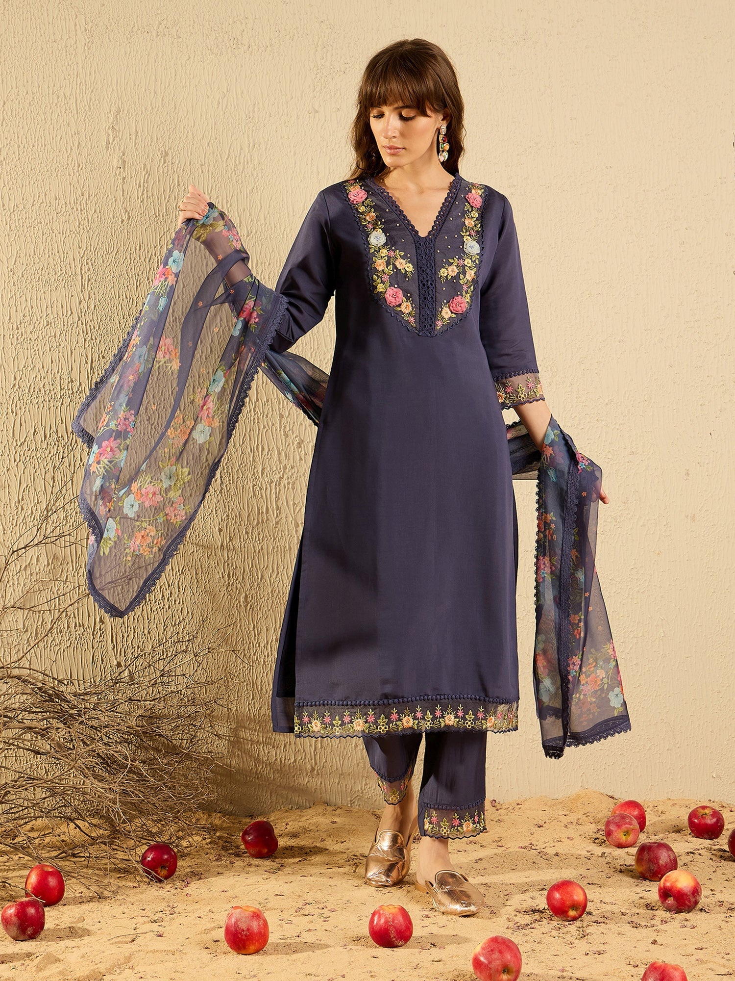 Indo Era Grey Embroidered Straight Kurta Trousers With Dupatta set | Grocsy