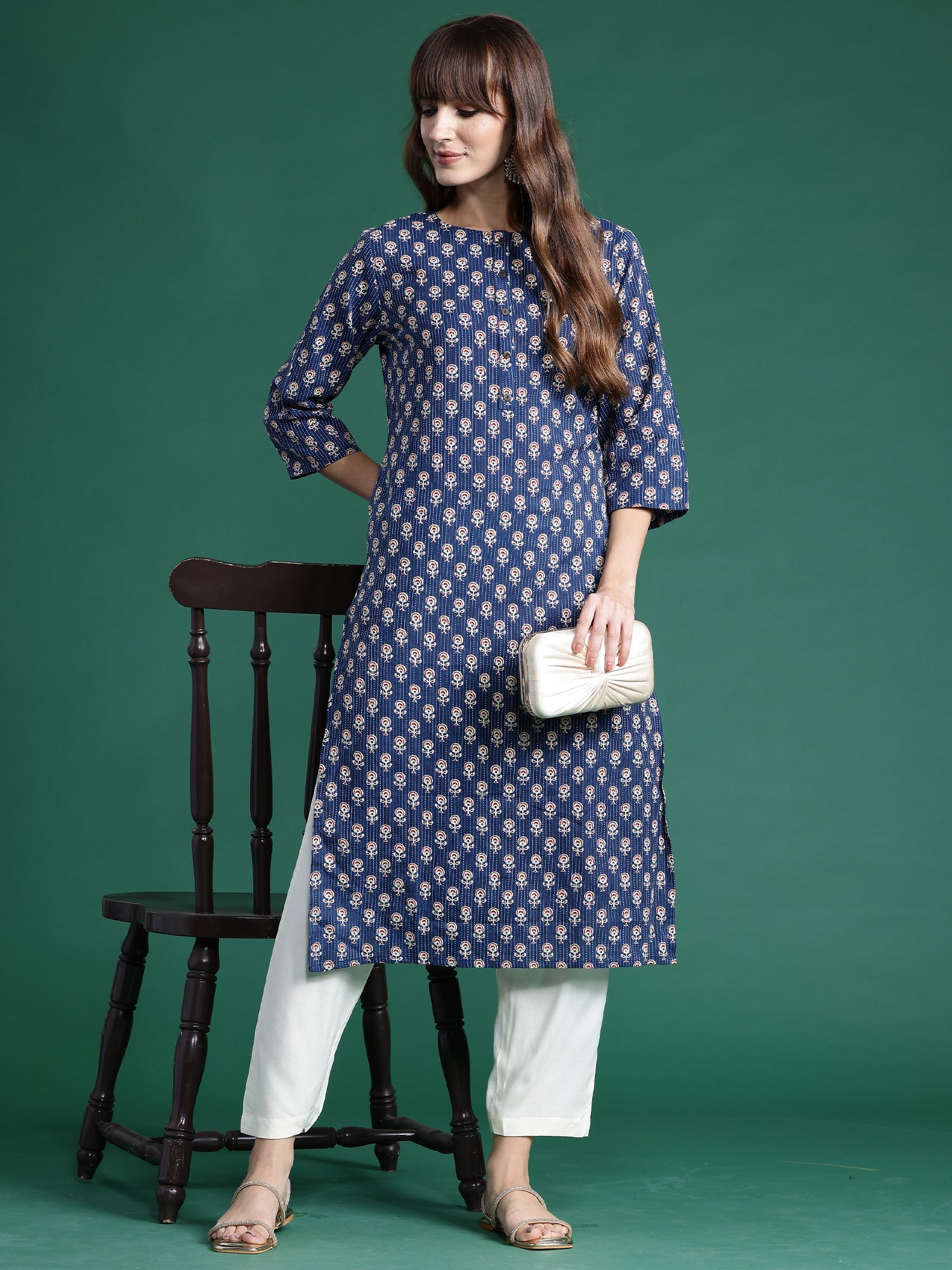 Indo Era Blue Printed Straight Kurta | Grocsy