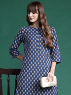 Indo Era Blue Printed Straight Kurta | Grocsy
