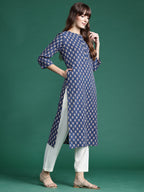 Indo Era Blue Printed Straight Kurta | Grocsy