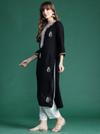 Indo Era Black Embroidered Straight Kurta | Grocsy