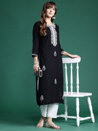 Indo Era Black Embroidered Straight Kurta | Grocsy