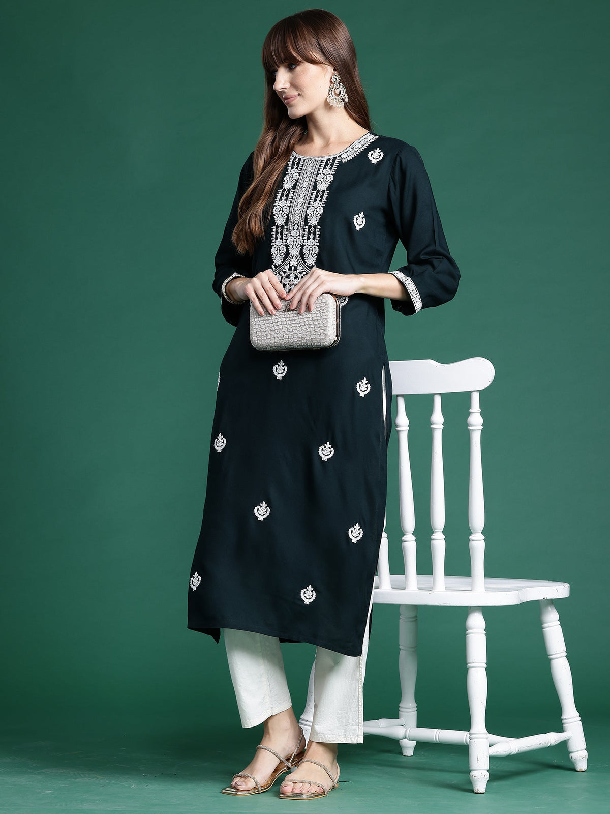 Indo Era Green Embroidered Straight Kurta | Grocsy
