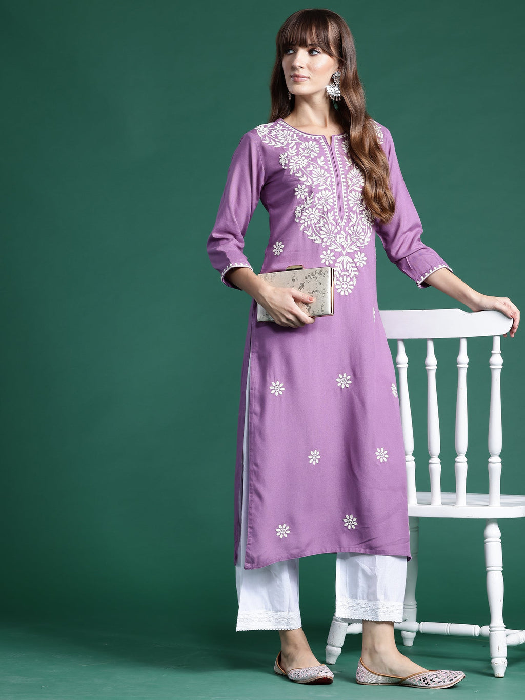 Indo Era Lavender Embroidered Straight Kurta | Grocsy