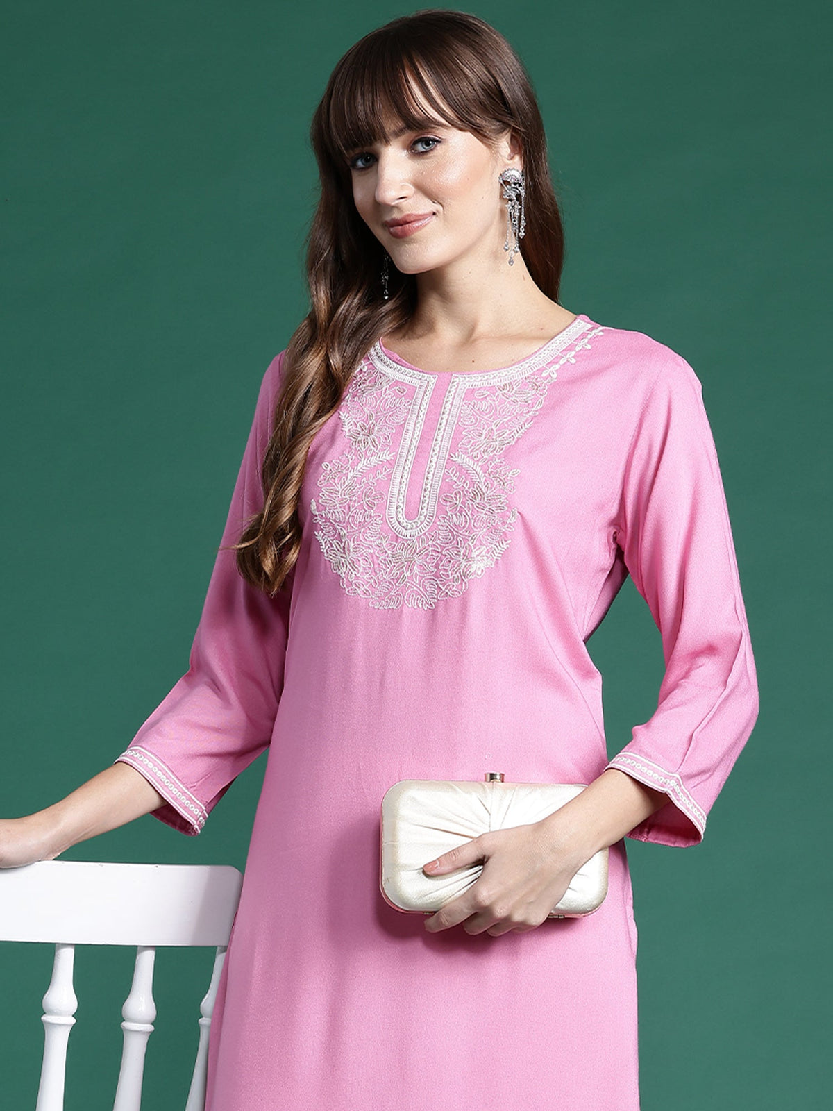 Indo Era Pink Embroidered Straight Kurta | Grocsy
