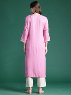 Indo Era Pink Embroidered Straight Kurta | Grocsy