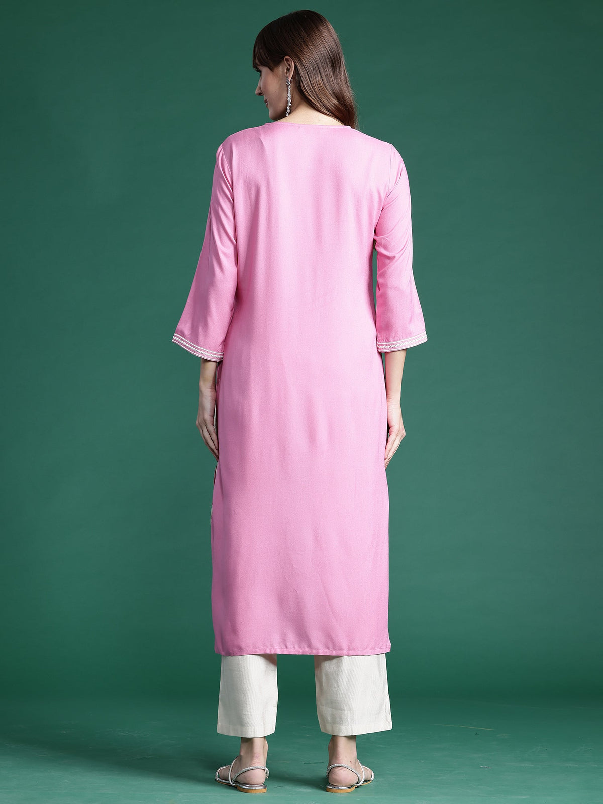 Indo Era Pink Embroidered Straight Kurta | Grocsy