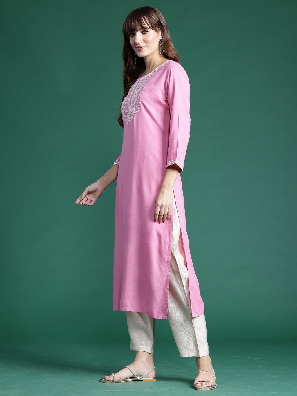 Indo Era Pink Embroidered Straight Kurta | Grocsy