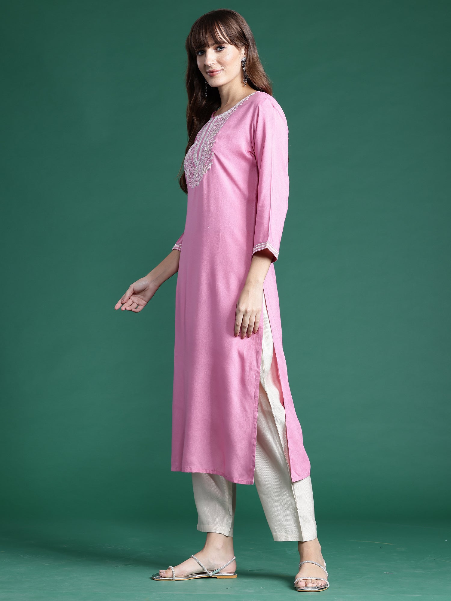 Indo Era Pink Embroidered Straight Kurta | Grocsy