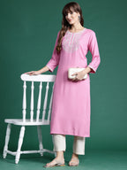 Indo Era Pink Embroidered Straight Kurta | Grocsy