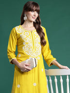 Indo Era Yellow Embroidered Straight Kurta | Grocsy