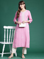 Indo Era Pink Embroidered Straight Kurta | Grocsy