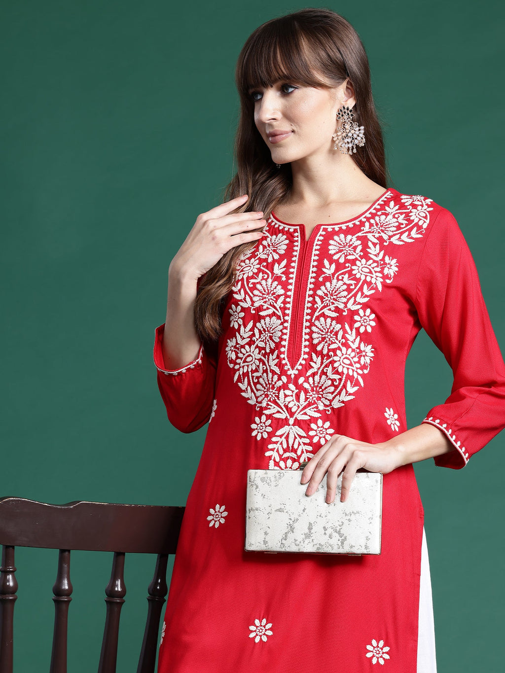 Indo Era Red Embroidered Straight Kurta | Grocsy