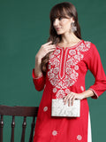 Indo Era Red Embroidered Straight Kurta | Grocsy