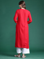 Indo Era Red Embroidered Straight Kurta | Grocsy
