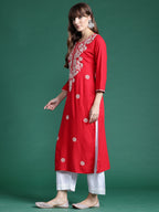 Indo Era Red Embroidered Straight Kurta | Grocsy
