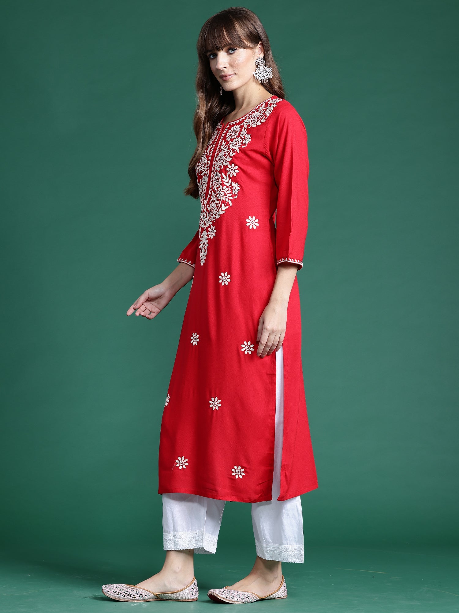 Indo Era Red Embroidered Straight Kurta | Grocsy