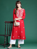 Indo Era Red Embroidered Straight Kurta | Grocsy
