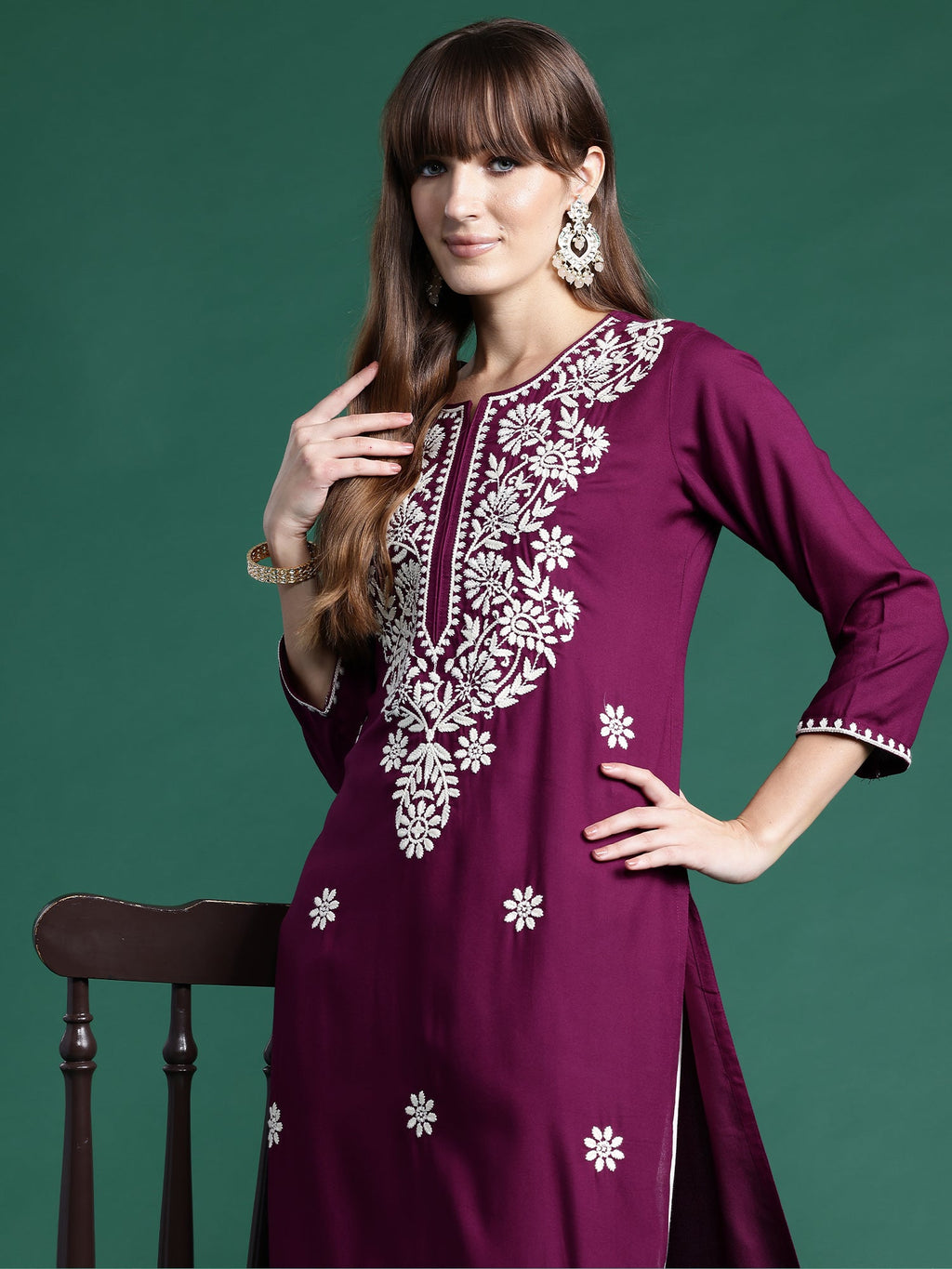 Indo Era Burgundy Embroidered Straight Kurta | Grocsy