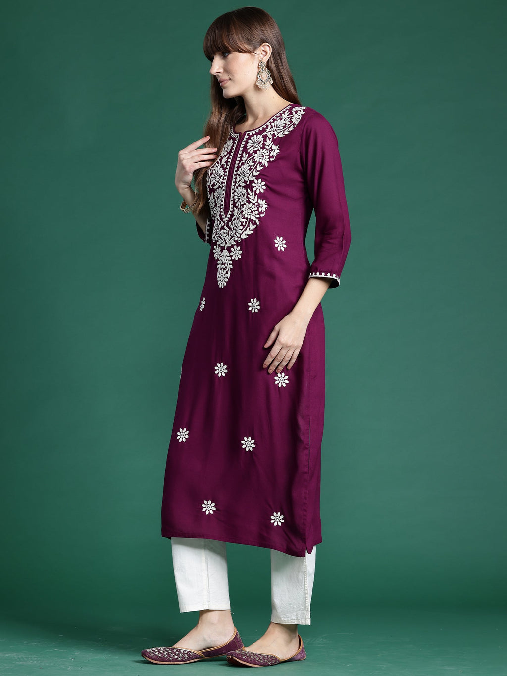 Indo Era Burgundy Embroidered Straight Kurta | Grocsy