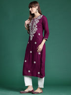 Indo Era Burgundy Embroidered Straight Kurta | Grocsy