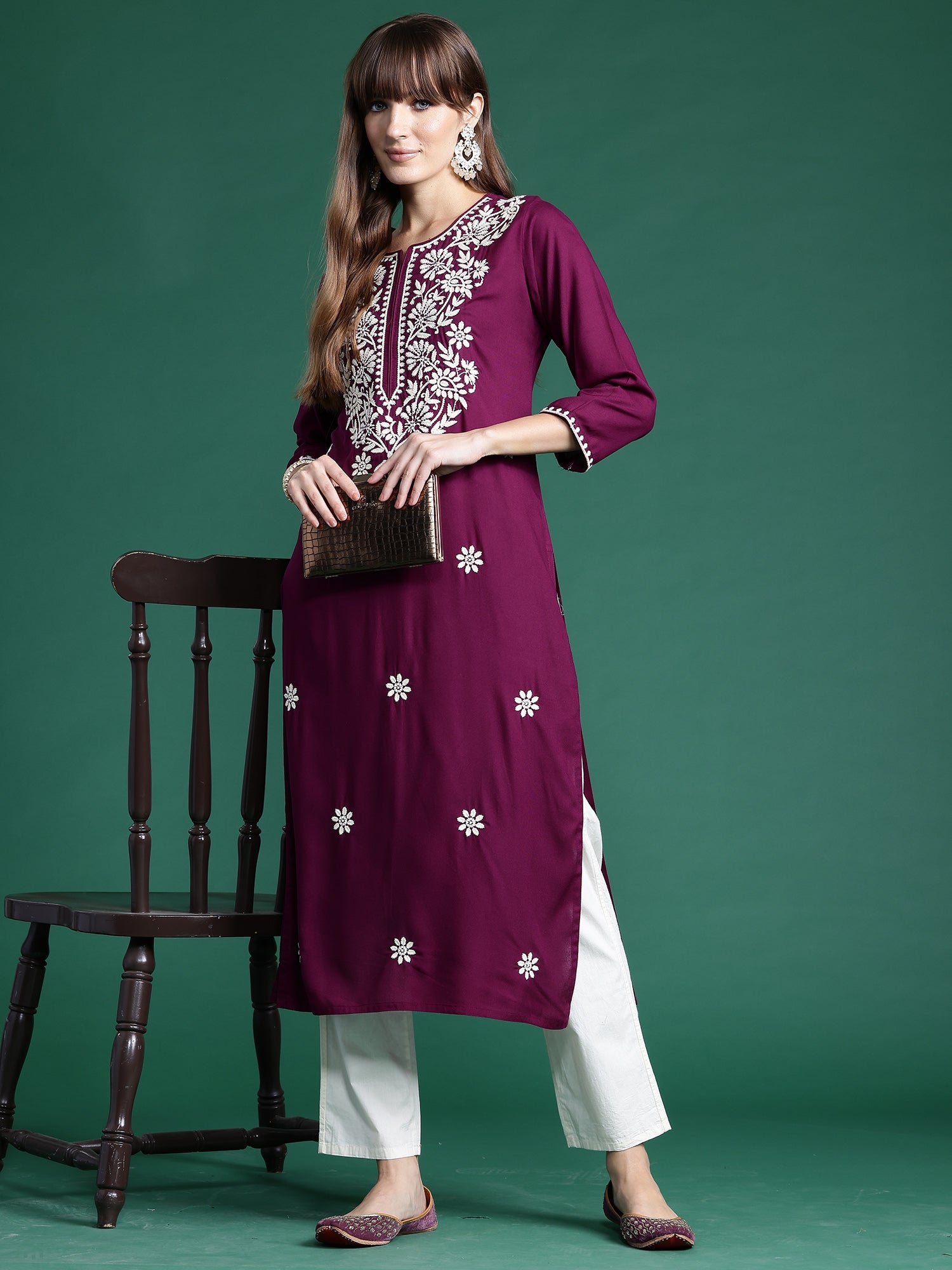 Indo Era Burgundy Embroidered Straight Kurta | Grocsy