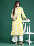Indo Era Yellow Printed Straight Kurta | Grocsy