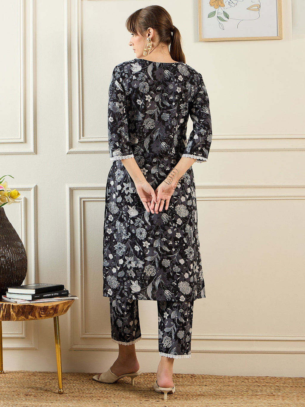 Indo Era Black Printed Straight Kurta Trousers set | Grocsy