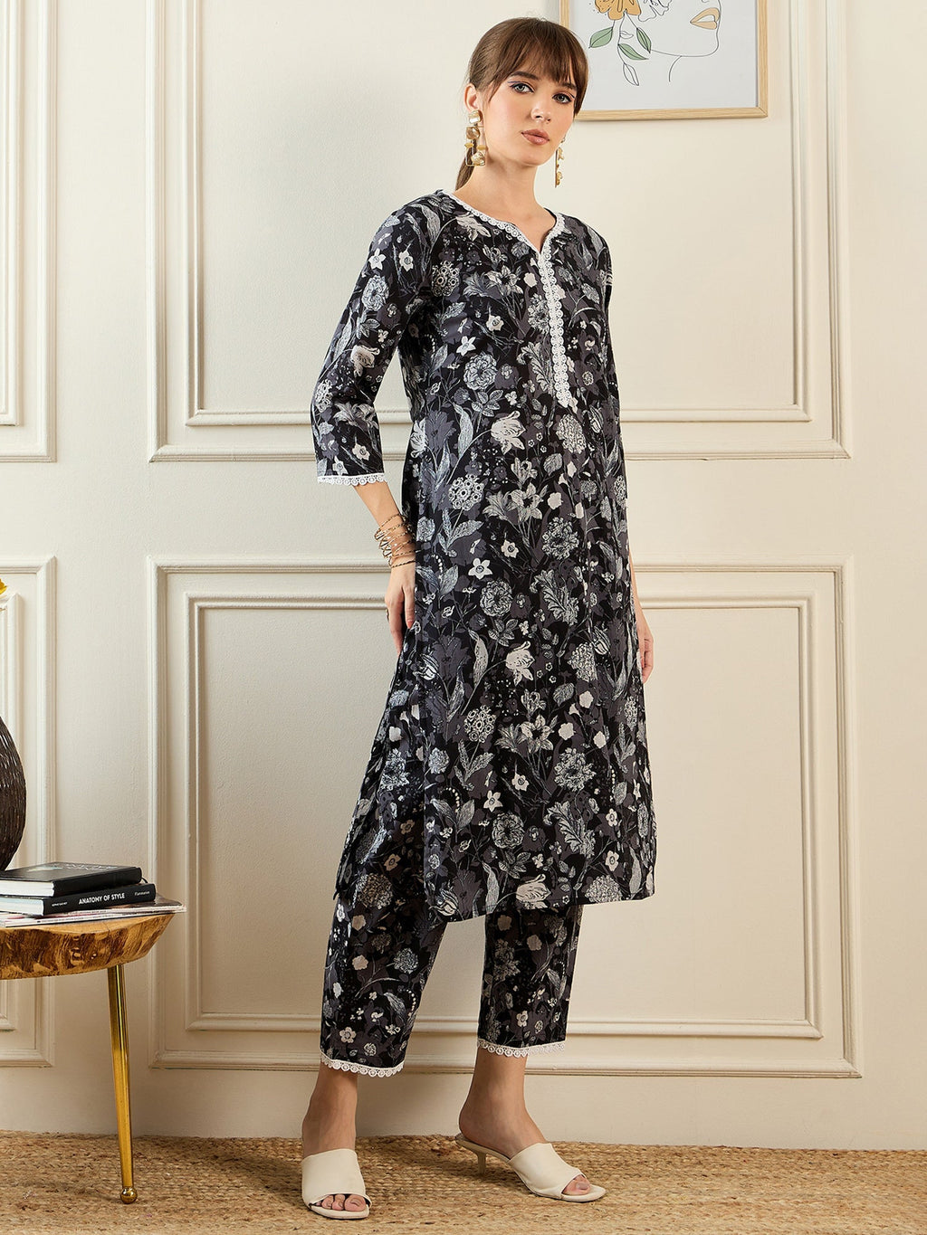 Indo Era Black Printed Straight Kurta Trousers set | Grocsy