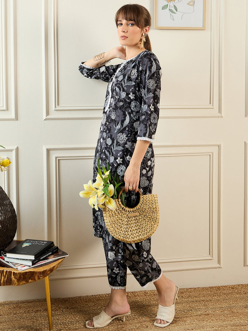 Indo Era Black Printed Straight Kurta Trousers set | Grocsy