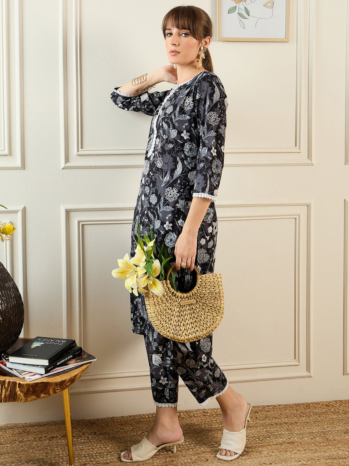 Indo Era Black Printed Straight Kurta Trousers set | Grocsy